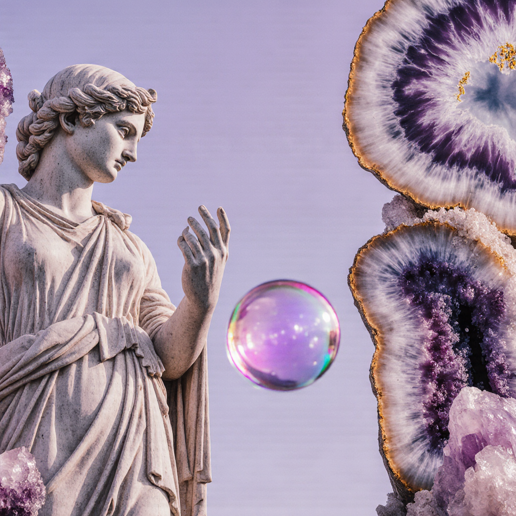 Imagen promocional de la colección “Rituales de Belleza IZILERA”, con estética mística en tonos lilas. Representa dos packs de belleza: uno exprés y otro completo, ambientados en un universo visual elegante y femenino.